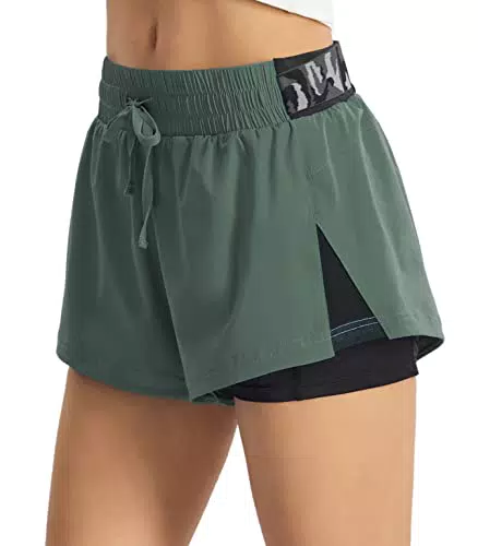 Persit Sporthose Damen Kurz, 2 in 1 Sport-Shorts Sommer Laufshorts Trainingsshorts Kurze Laufhose Jogginghose Serbischgrün L