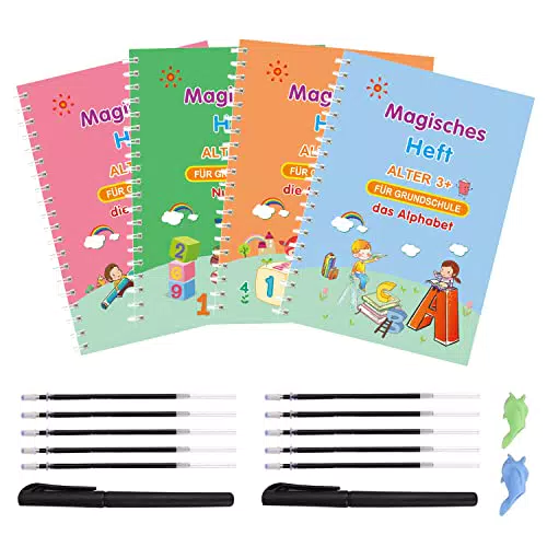 POMLEE 4 Stück Deutsch Magisches Übungsheft, Handschriftliche Arbeitsbücher mit 2 Stiften und 10 Minen