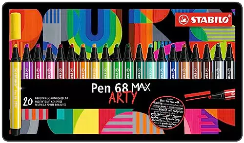 Premium-Filzstift mit dicker Keilspitze - STABILO Pen 68 MAX - ARTY - 20er Metalletui - mit 20 verschiedenen Farben