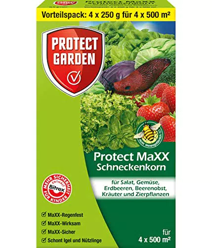 PROTECT GARDEN Protect MaXX Schneckenkorn, Vorteilspack 4x250g - für 4x500 m hochwirksames regenfestes Ködergranulat gegen Schnecken