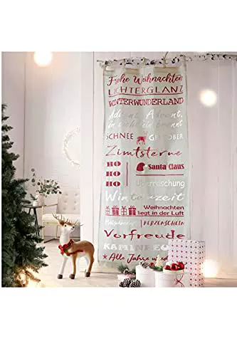 Pureday Weihnachtsdeko - Organdy-Vorhang Merry Christmas - 100% Baumwolle - Silber Rot - 100 x 200 cm