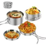 QINGHEC Edelstahl Camping Kochgeschirr Set, Camping Kochtopf mit Pfanne