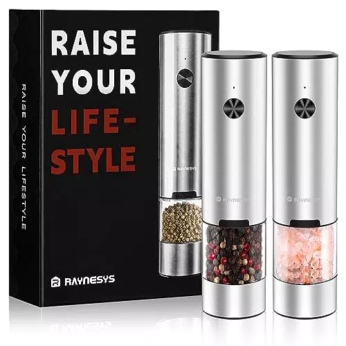 Raynesys Elektrisch Salz und Pfeffermühle Sets, USB Wiederaufladbar Edelstahl Gewürzmühle