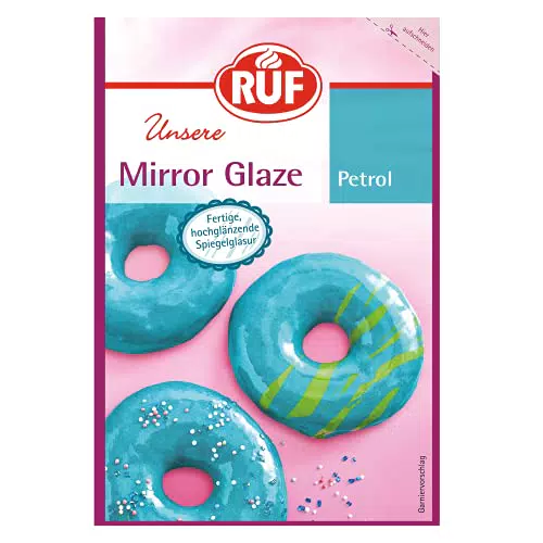RUF Mirror Glaze Petrol, gebrauchsfertig im Beutel, hochglänzende Spiegel-Glasur zum Glasieren von Mousse-Torten