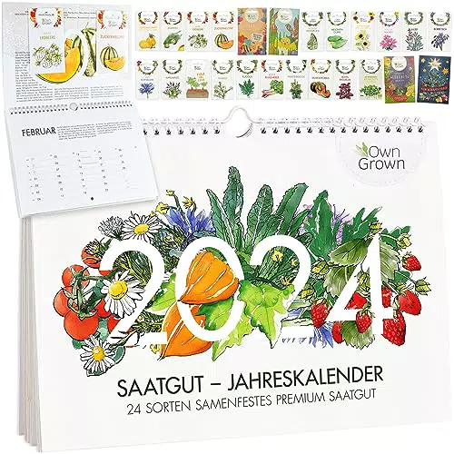 Saatgut Kalender 2024 Wandkalender A4: Garten Wandkalender 2024 Monatskalender mit 24 Sorten Gemüse Samen