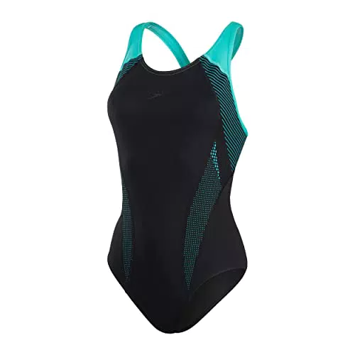 Speedo Damen Plastisol Laneback Badeanzug, Schwarz/Fliese