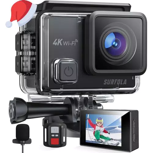 Surfola Action Cam 4K Unterwasserkamera 40M Wasserdicht 20MP EIS Bildstabilisierun 170° Weitwinkel Helmkamera WiFi Actionkameras Externem Mikrofon 2 Akkus und Zubehör Kit 2.4G Fernbedienung