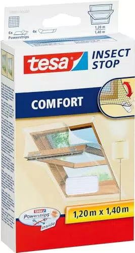 tesa Insect Stop COMFORT Fliegengitter für Dachfenster - Insektenschutz für Fenster - Fliegen Netz selbstklebend ohne Bohren - weiß