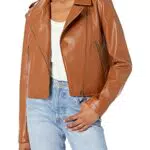 The Drop Damen Heather Bikerjacke, Kunstleder, cognac
