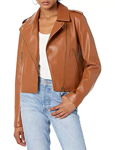 The Drop Damen Heather Bikerjacke, Kunstleder, cognac
