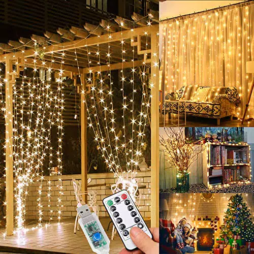 WEARXI Lichterkette, 3×3m 300 LED Lichtvorhang, 8 Modi LED Lichterkette Vorhang für Innen & Außen