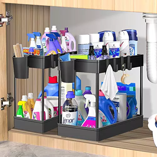 Wholede 2 Pack 2 Etagen Unter Waschbecken Regal, Spülschrank Organizer mit 8 Haken und 2 Tasse