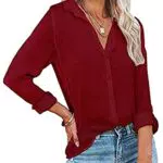 Yageshark Bluse Damen Langarm V-Ausschnitt Lässige Einfarbig Casual Büroblusen Lose Langarmshirt Arbeit Blusen mit Knöpfen