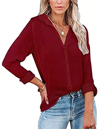 Yageshark Bluse Damen Langarm V-Ausschnitt Lässige Einfarbig Casual Büroblusen Lose Langarmshirt Arbeit Blusen mit Knöpfen