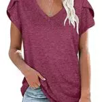 Yageshark Tshirt Damen Kurzarm Oberteile V-Ausschnitt Einfarbig Sommer Shirt Lässig Blütenblatt Ärmel Basic T Shirt