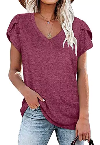 Yageshark Tshirt Damen Kurzarm Oberteile V-Ausschnitt Einfarbig Sommer Shirt Lässig Blütenblatt Ärmel Basic T Shirt