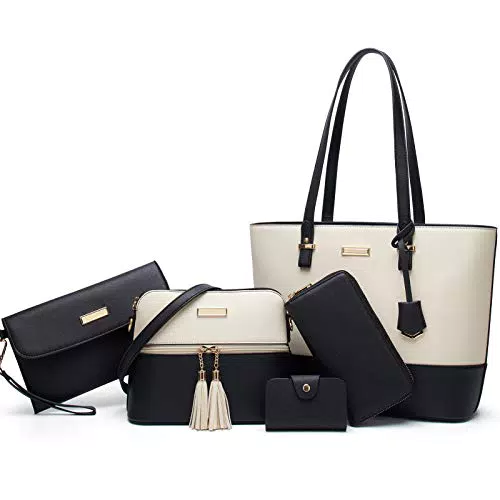 YNIQUE Handtasche Damen Shopper Schultertasche Umhängetasche Geldbörse Tragetasche Groß Tasche Tote für Büro Schule Einkauf Reise Leder 5-teiliges Set
