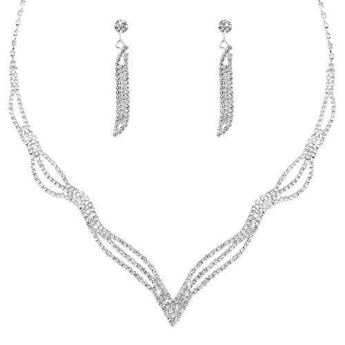 Yolev Brautschmuck Hochzeits Strass Halsketten Ohrringe Set Silber Hochzeitsschmuck Braut Abschlussball Schmuck Hochzeit Set Party Schmuckset Silber für Damen und Mädchen