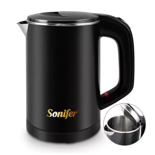 0, 6l Edelstahl Camping Reisewasserkocher Kabellos Wasserkocher Kunststoffschale Doppelwand-Design 800W Teekessel Teekocher Verbrennungen vermeiden Leise Heizung