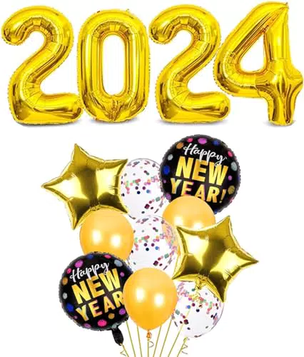 14 Stück Silvester Deko 2024, Deko Silveste, Happy New Year 2024 Deko Silvester Dekoration Folienballon