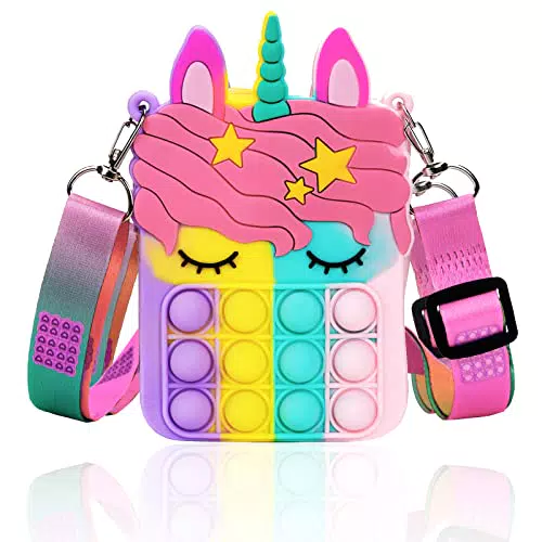 Accevo Einhorn Pop It Tasche, 2 in 1 - Fidget Toys - Taschen Umhängetasche mit Längenverstellbarem Tragegurt