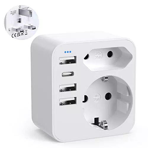 Adapter England Deutschland Stecker mit 3 USB, 1 USB C mit 2 AC Steckdose