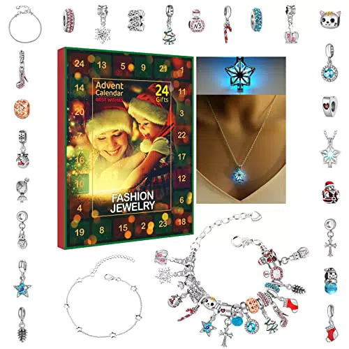 Adventskalender 2023, Weihnachts Adventskalender, Adventskalender Schmuck für Mädchen mit 3 verstellbaren Armbändern und 1 Kette und 22 Charm Beads Countdown zum Weihnachtskalender DIY