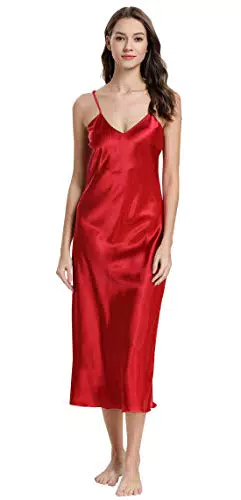 Aivtalk Nachtwäsche Negligee Rot Damen Nachtkleid Satin Damen Nachthemd Lang v Ausschnitt Sexy Negligee Satin Lang Frauen Spitze Sleepwear Sommer XX