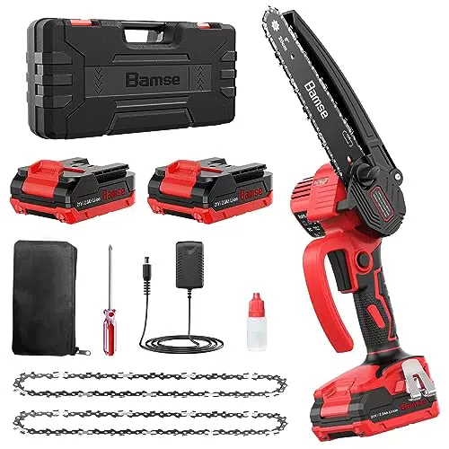 Akku Kettensäge 8 Zoll, Bamse Mini Kettensäge mit Akku Bürstenloser Motor mit 2 Akkus 2.0Ah
