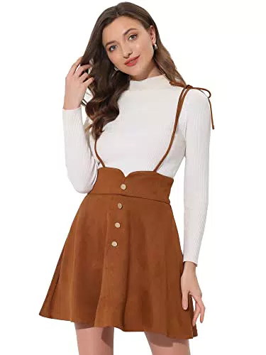 Allegra K Damen Trägerkleid Rock A-Linie Spaghettiträger Festival Hosenträger Minirock Braun X