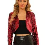 Allegra K Damen Weihnachten Kostüm Glitzer Blazer Festliche Langarm Offen Pailletten Crop Jacke Rot