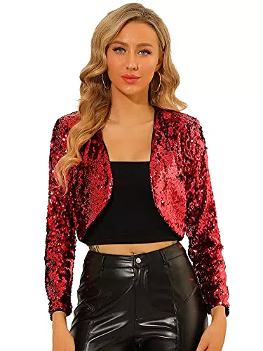 Allegra K Damen Weihnachten Kostüm Glitzer Blazer Festliche Langarm Offen Pailletten Crop Jacke Rot