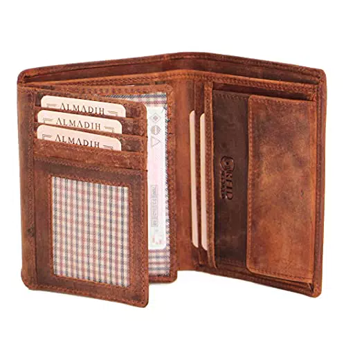 ALMADIH Leder Portemonnaie RFID Schutz hochformat 17 Kartenfächer Premium Rindsleder in Geschenkbox Herren Börse Geldbörse Geldbeutel Portmonee Brieftasche Unisex hochkant braun