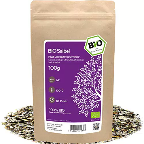 amapodo Salbeitee Bio 100g - Salbei Tee lose - Salbeiblätter getrocknet - Kräutertee geschnitten als Gewürz - Geschenke für Frauen - salvia officinalis