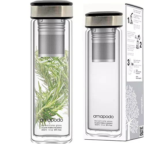 amapodo Teeflasche mit Sieb to go - Trinkflasche für Tee aus Glas in 400ml - Teekanne doppelwandig - Teebereiter - Teebecher - Teezubehör - Tea Bottle