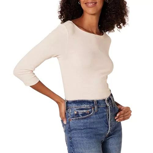 Amazon Essentials Damen Einfarbiges T-Shirt mit U-Boot-Ausschnitt und 3/4-Ärmeln in schmaler Passform
