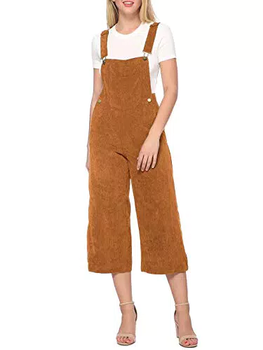 ANNA-KACI Damen Casual Ribbed Corduroy Bib Front weit abgeschnitten Bein Overalls Baggy Jumpsuit Strampler