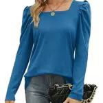 Aokosor Langarmshirt Damen Puffärmel Sweatshirt Square Neck Pullover Langarm Tshirt Winter Oberteile Casual Tunika Blau