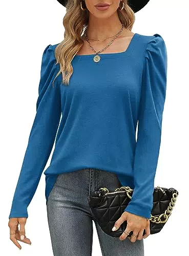 Aokosor Langarmshirt Damen Puffärmel Sweatshirt Square Neck Pullover Langarm Tshirt Winter Oberteile Casual Tunika Blau