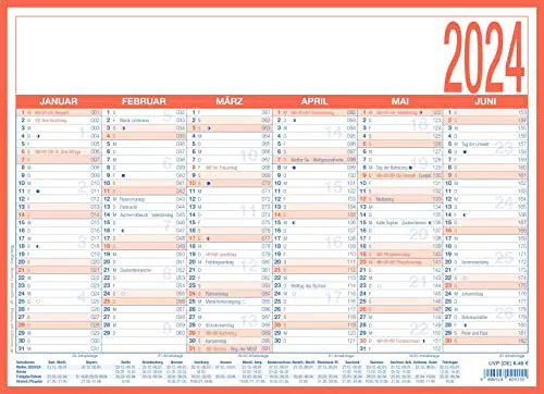 Arbeitstagekalender 2024 - A4 - 6 Monate auf 1 Seite - Tafelkalender - auf Pappe kaschiert - Jahresplaner - 908-1315