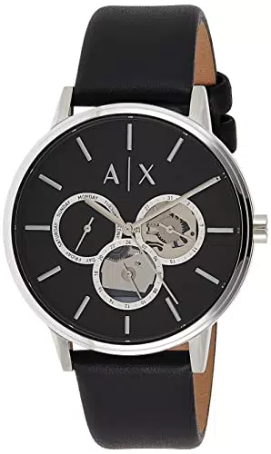 Armani Exchange Uhr für Männer, Quarzwerk, 42MM Schwarzes Edelstahlgehäuse mit einem Lederarmband