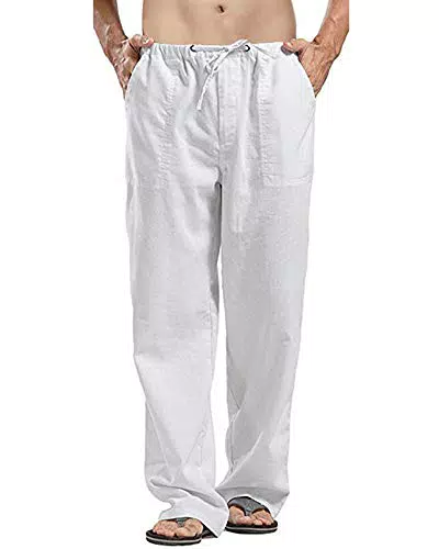 AUDATE Herren Hose Leinen Sommer Beaach Hosen Freizeithose Leichte für Männer Einfarbig Weiß 3X