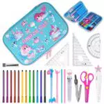 Auniq Federmäppchen mit Schreibwaren-Set, 26 Stück Schulbedarfs Set Federtasche Kinder Bleistiftetui Große Etui mit Malstiften Bleistiften Lineal Kinder Studenten Geschenke für den Schulanfang