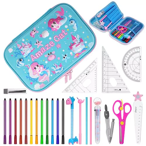Auniq Federmäppchen mit Schreibwaren-Set, 26 Stück Schulbedarfs Set Federtasche Kinder Bleistiftetui Große Etui mit Malstiften Bleistiften Lineal Kinder Studenten Geschenke für den Schulanfang