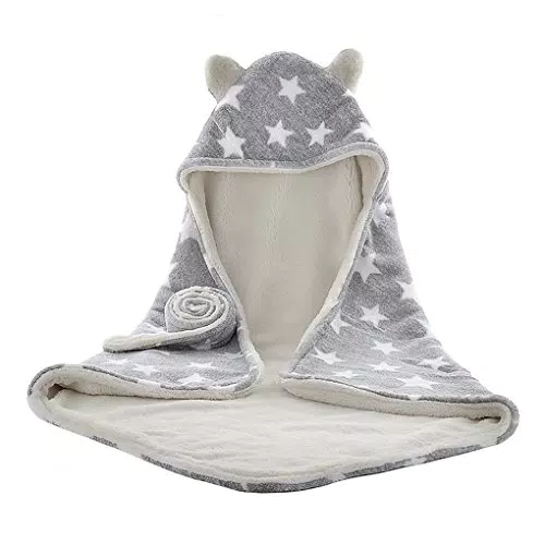 Baby Kuscheldecke aus Baumwolle Baby Schlafsack Kuscheldecke Baby Decke Haube Neugeborene Wearable Decke Baby Badetuch Kapuze 75*75cm