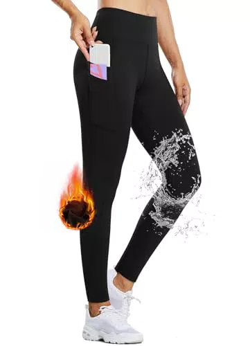 BALEAF Thermo Leggings Damen mit Taschen Wanderleggings Kompression Fitness Hose high Waist Laufhose lang Outdoorhose Wasserabweisend gefütterte Schwarz