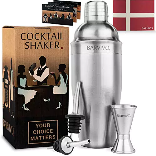 BARVIVO Professionelles Cocktail Shaker Set mit doppeltem Jigger und Zwei Alkohol Ausgießern - 710ml Martini Shaker