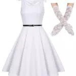 Belle Poque Damen Retro 50s Cocktailkleider Abendkleider mit Gürtel für Hochzeit Elegante Brautjunferkleid mit Spitzenhandschuhe Vintage Elegante Kleider Weiss M BP0786A23-03