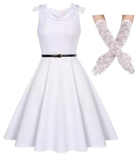 Belle Poque Damen Retro 50s Cocktailkleider Abendkleider mit Gürtel für Hochzeit Elegante Brautjunferkleid mit Spitzenhandschuhe Vintage Elegante Kleider Weiss M BP0786A23-03