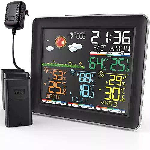 BILIPALA Wetterstation Funk mit 3 Außensensoren-Digital Thermometer Hygrometer Feuchtigkeit mit Wettervorhersage